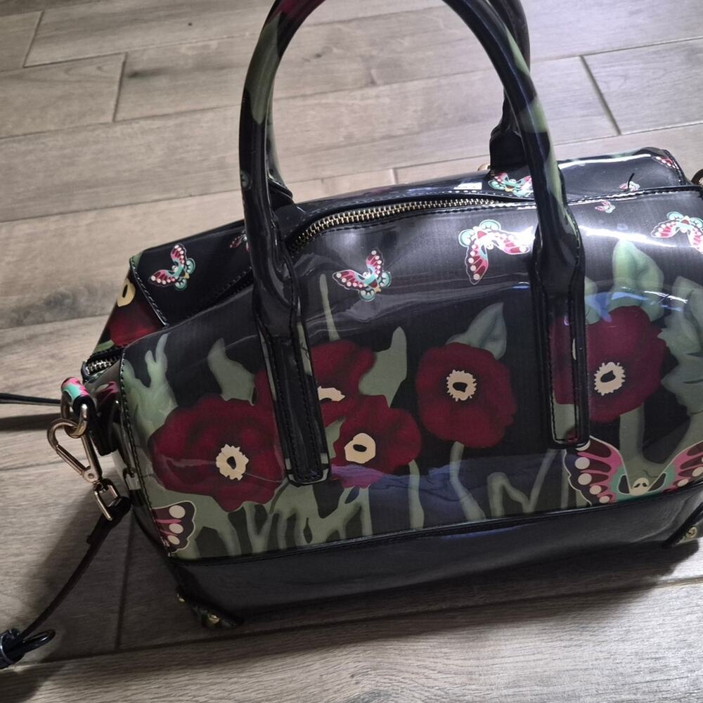 Floral Black Handbag Poppies And Butterflies Design 13"x9" - Picture 4 of 6